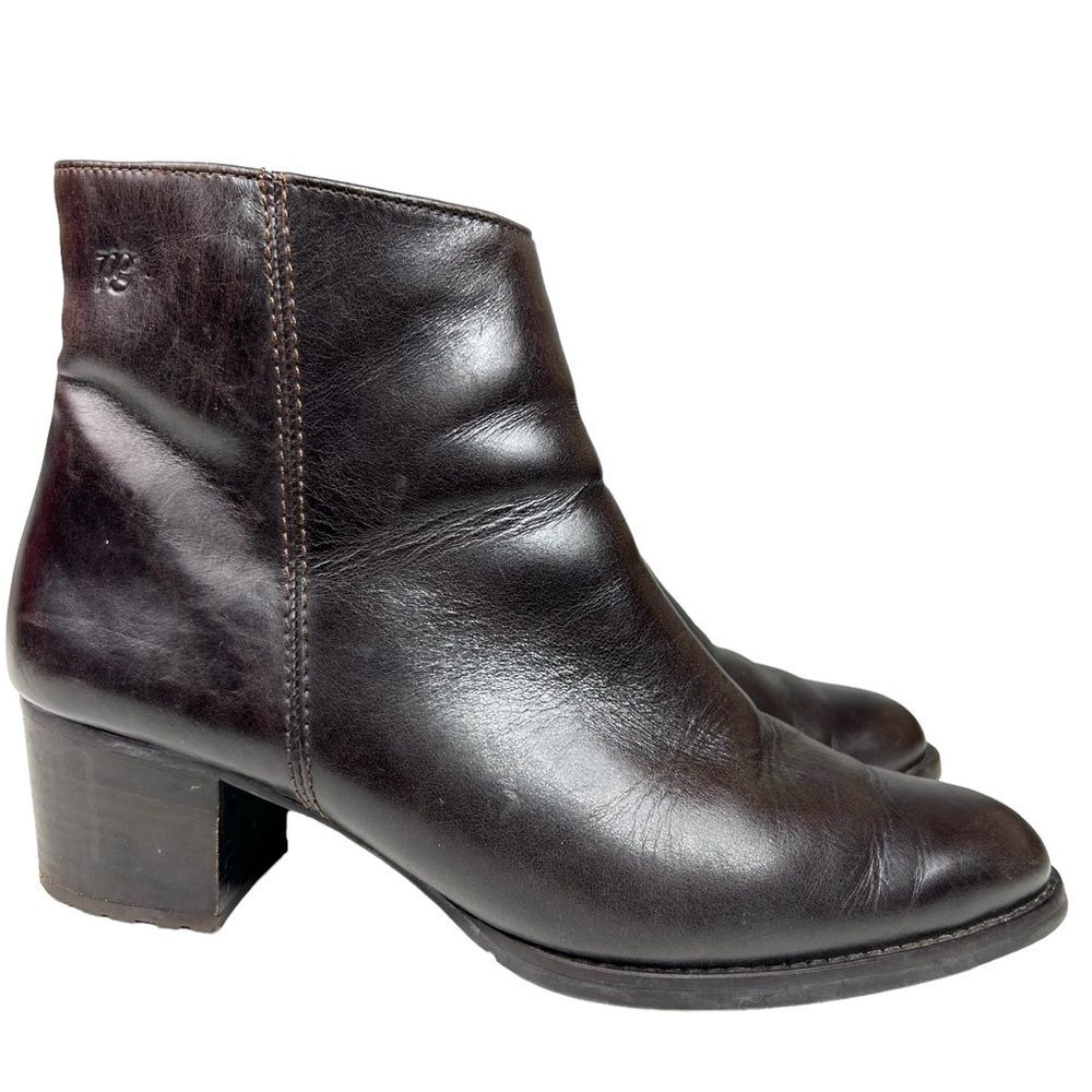 Paul Green Leather Dark Brown Ankle Boots Block Heel Side Zip Bootie